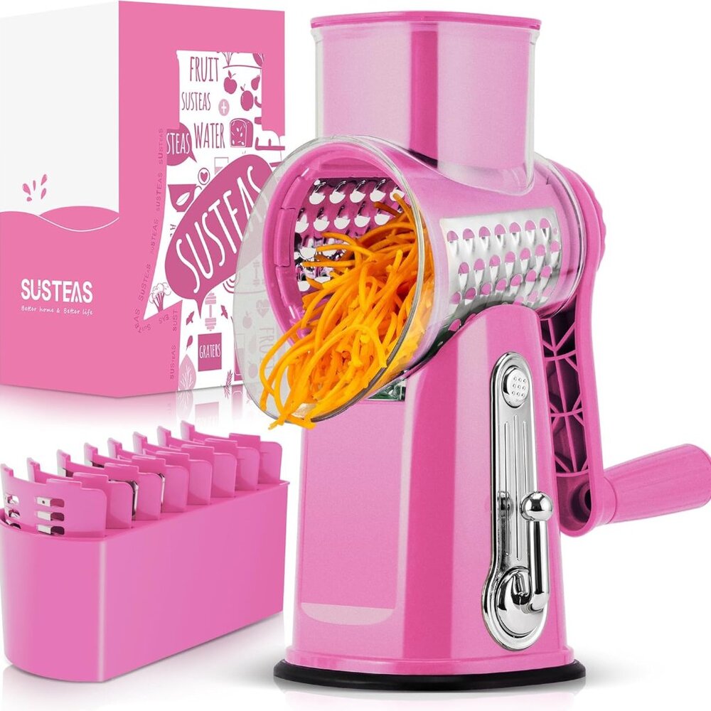 Rotary Cheese Grater w/Handle &5 Blades, Round Slicer & Vegetable Grater Pink